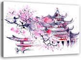 Trend24 - Canvas Schilderij - Japan Aquarel - Schilderijen - Steden - 100x70x2 cm - Roze