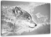 Trend24 - Canvas Schilderij - Wolf Op Een Besneeuwde Achtergrond - Schilderijen - Dieren - 120x80x2 cm - Grijs