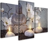 Trend24 - Canvas Schilderij - Boeddha En Kaarsen - Drieluik - Oosters - 150x100x2 cm - Grijs