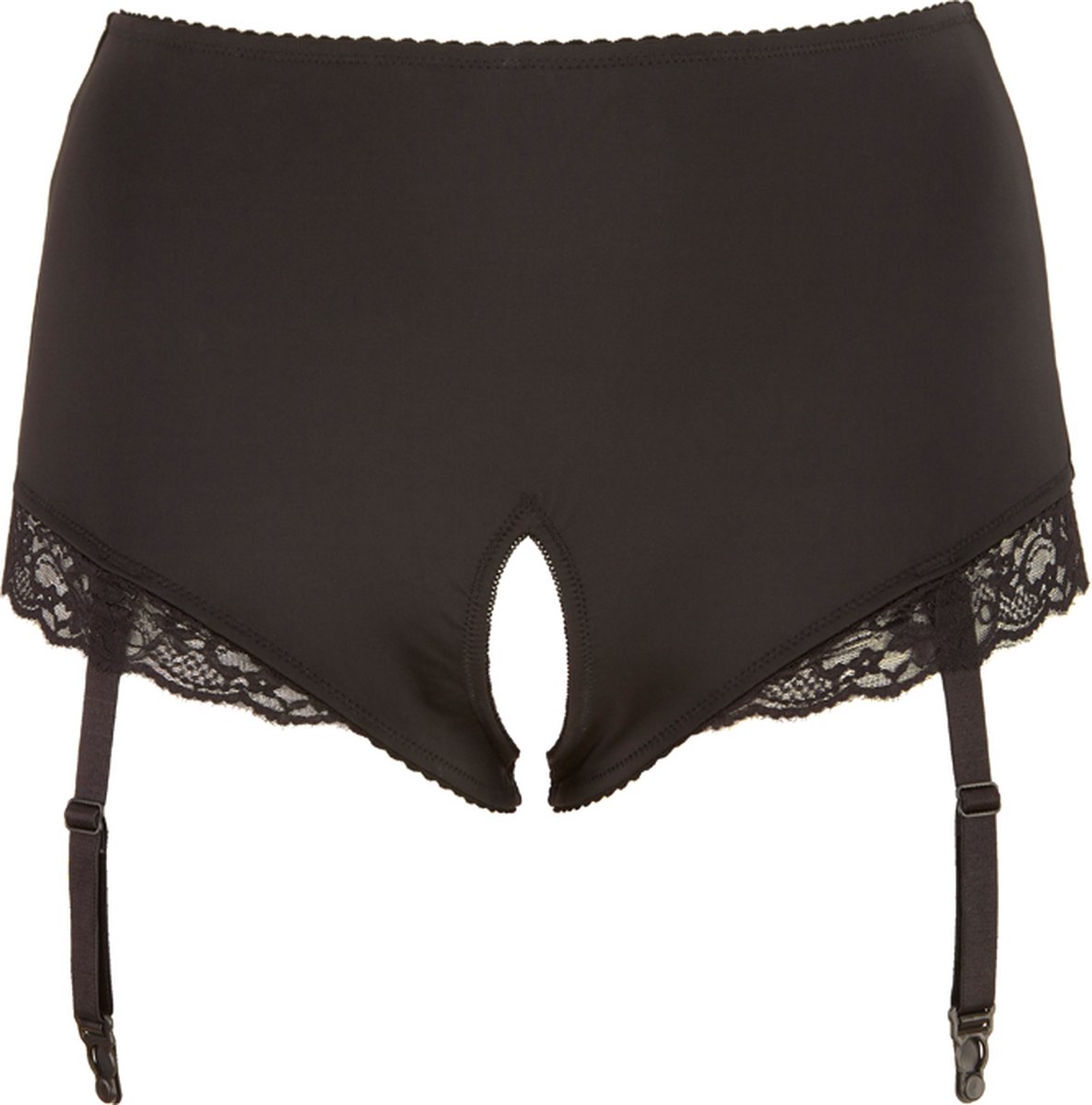 Cottelli Plus Size – Hoge Jarretel Slip met Open Kruis en Kanten Rand Sexy en Uitdagend – Maat XL - Zwart