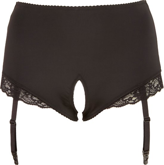 Cottelli Plus Size – Hoge Jarretel Slip met Open Kruis en Kanten Rand Sexy en Uitdagend – Maat XL - Zwart