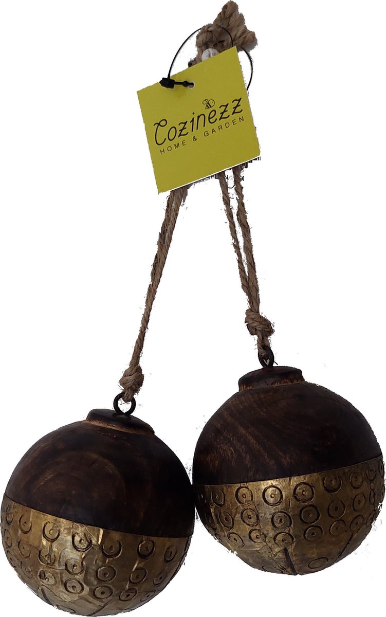 Cozinezz - Houten decoratiebal met goudkleurig beslag - Set van 2 - Kerstballen hout - Kerstversiering