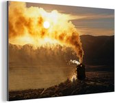 Wanddecoratie Metaal - Aluminium Schilderij Industrieel - Een zonsondergang achter de stoomlocomotief - 180x120 cm - Dibond - Foto op aluminium - Industriële muurdecoratie - Voor de woonkamer/slaapkamer