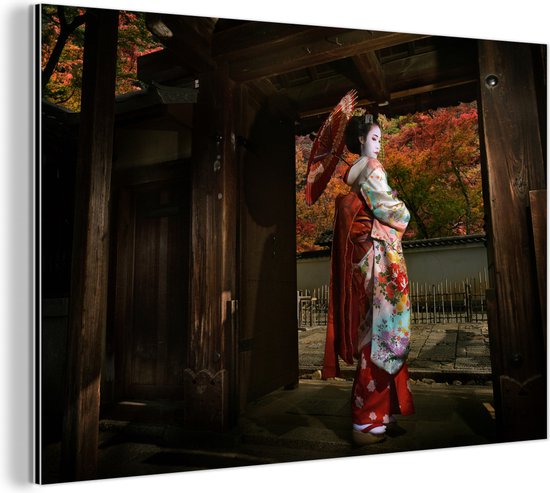 Wanddecoratie Metaal - Aluminium Schilderij Industrieel - Geisha bij Gion in Japan - 60x40 cm - Dibond - Foto op aluminium - Industriële muurdecoratie - Voor de woonkamer/slaapkamer