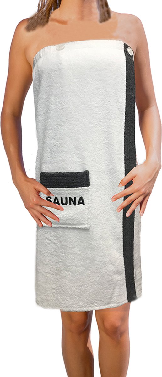 JEMIDI Sauna badstof kilt sarong M-XXL dames of heren antraciet grijs met borduursel 100% katoen sauna kilt sauna sarong sauna handdoek - Wit