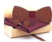 DWIH - houten Vlinderdas - Vlinderstrik van hout - houten manchetknopen -Pochette Bordeaux - Rood