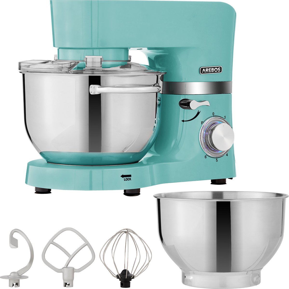 AREBOS Keukenmachine 1500W 45 & 55 L roestvrij stalen mengkom 6 stappen Stil turquoise