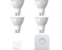 Philips Hue Starterspakket - GU10 - met 4 Spotjes - Warmwit Licht - Incl. 1 Hue Bridge, 1 Hue Wall Switch - Hue White