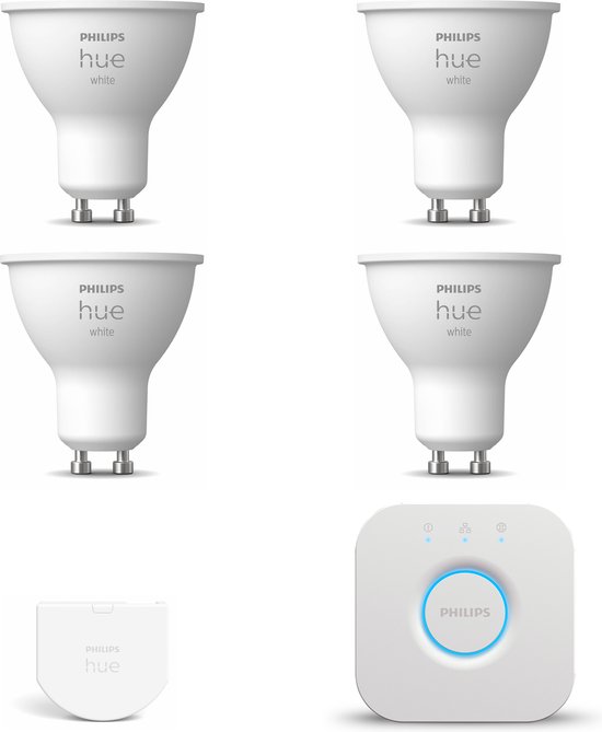 Philips Hue Starterspakket White GU10 - 4 Hue LED Lampen, Bridge en Wall Switch - Eenvoudige Installatie - Werkt met Alexa en Google Home