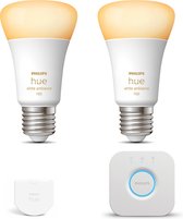 Philips Hue Starterspakket E27 White Ambiance - 2 Hue Lampen, Wall Switch en Bridge - Eenvoudige Installatie - Werkt met Alexa en Google Home