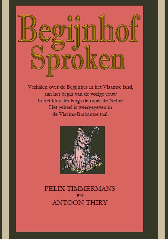 Boek "Begijnhof Spoken" met gouden letters op een rode omslag. Tekst en een illustratie van een heilige met engelen.