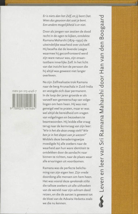 Boekomslag met tekst over Ramana Maharshi en een gestileerde afbeelding van een bloem.