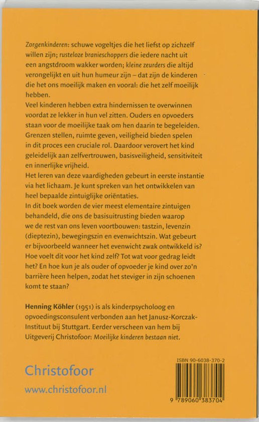Achterkant van het boek "Over angstige, verdrietige en onrustige kinderen" met tekst over het boek en de auteur.