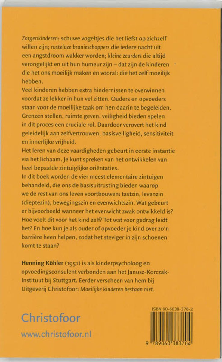 Achterkant van het boek "Over angstige, verdrietige en onrustige kinderen" met tekst over het boek en de auteur.