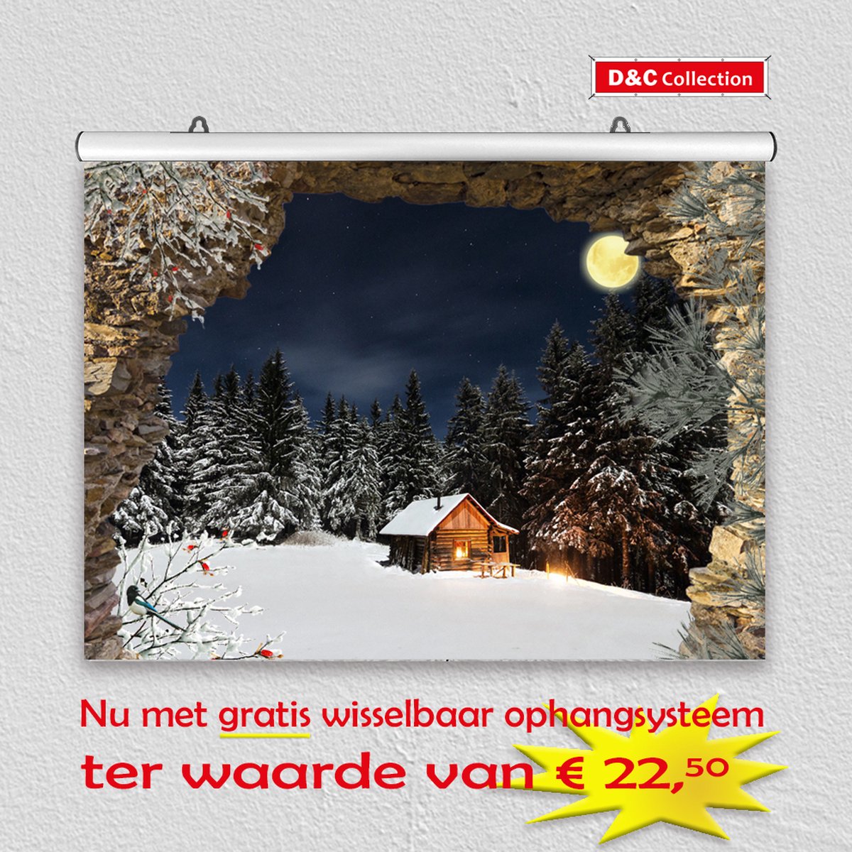 D&C Collection poster - kerst poster - 60x45 cm - doorkijk - Gat in rots sneeuwlandschap en bos hut - winter poster - kerst decoratie multi