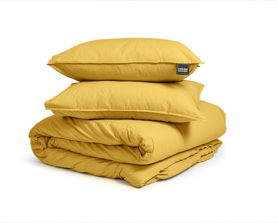 Manila - Housse de couette double Stone Washed - Moutarde 200x200 cm - Katoen - Housse de couette avec 2 taies d'oreiller