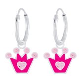 Joy|S - Zilveren kroontje oorbellen - roze - hartje met glitter - oorringen