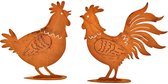 Pasen - Paasdecoratie - Paasdagen - Roestbruin metalen haan en kip, set van 2