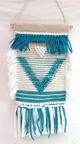 Macrame wandkleed - wandtapijt - geknoopt - boho - blauw - totale lengte 75 cm