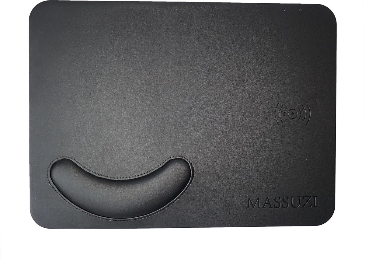 Massuzi Draadloze Muismat - Lederen Muismatten - Ergonomische Handsteun - Telefoon Wireless Opladen - Zwart Leder
