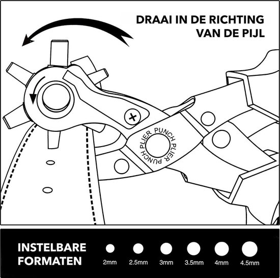 Instructie-tekening van een gaatjestang die draait. Tekst 'DRAAI IN DE RICHTING VAN DE PIJL' en 'INSTELBARE FORMATEN 2mm-4.5mm'.