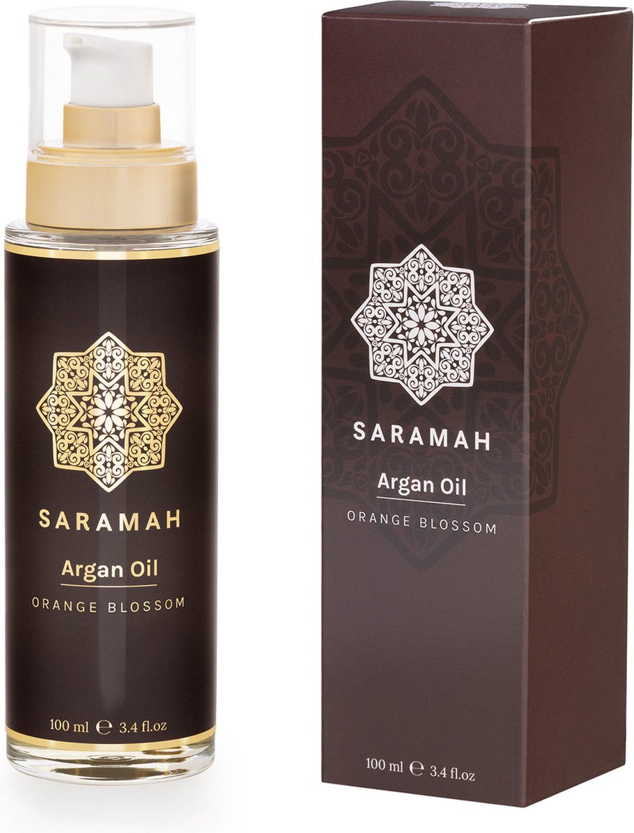 SARAMAH® Arganolie & Oranjebloesem 100 ml - Voor haar, huid en gezicht - Puur & Biologisch - EU Bio Keurmerk - Hydraterend, voedend en herstellend - Rijk aan omega 3 en 6, vitamine E en F - Marokkaanse Arganolie - Moroccan Argan Oil - NL-BIO-01