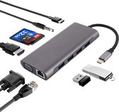 11 in 1 VGA + LAN-poort + 4 x USB 3.0 + SD /TF Gehugenkaart + HDMI + audio poort + USB-C/Type-C vrouwelijk naar USB-C/Type-C HUB-adapter