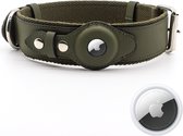 Apple Airtag honden halsband - Army green - Maat M - Airtag hond - honden tracker - gps tracker - halsband hond leer - PU Leather