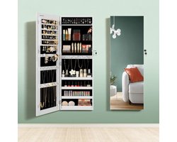 Juwelenkast voor wandmontage met 2 cosmetische opbergers voor het ophangen van spiegel zonder lijst met slot en sleutel, wit JJC001W01 Juwelenkast voor wandmontage met 2 cosmetische opbergers voor het ophangen van spiegel zonder lijst met slot en sleutel, wit JJC001W01