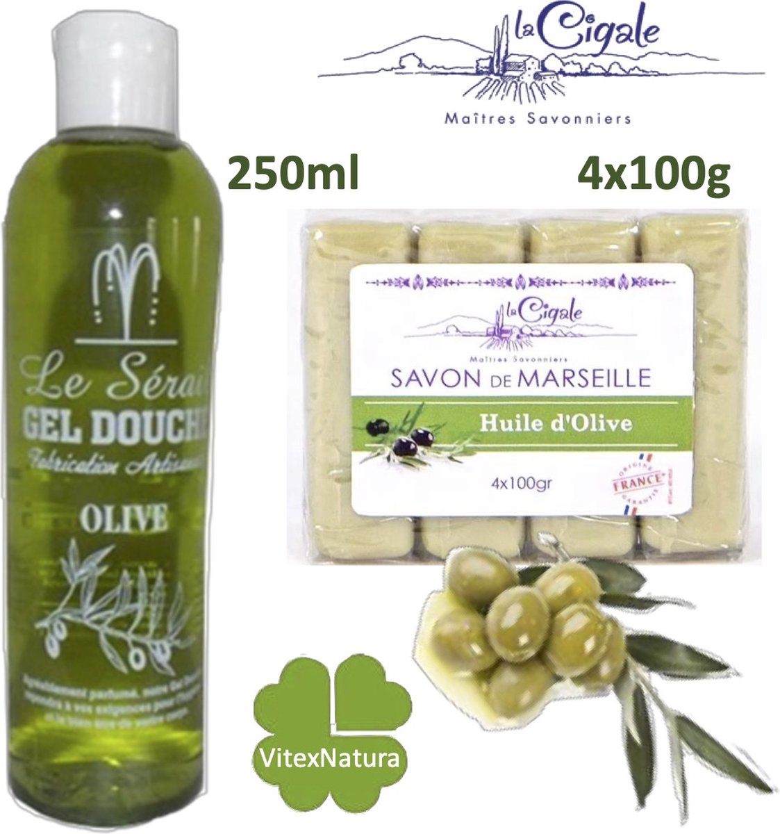 Pure olijf olie Ambachtelijke douche en bad gel 250ml | Zeep Glycerine zeep 4x100g | Zonder conserveringsmiddelen
