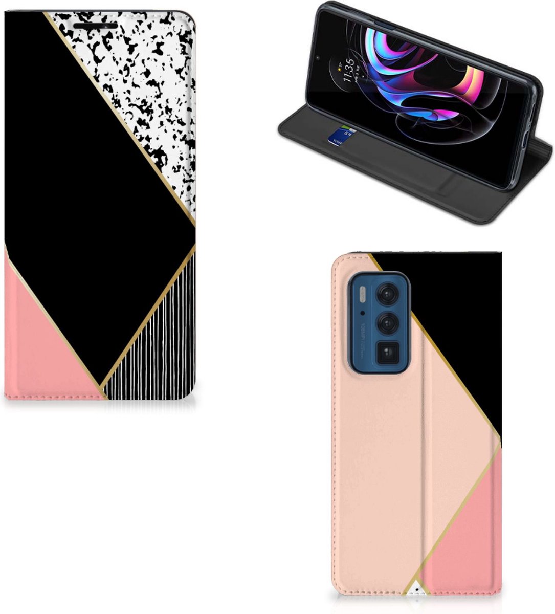 Motorola Edge 20 Pro Stand Case Zwart Roze Vormen