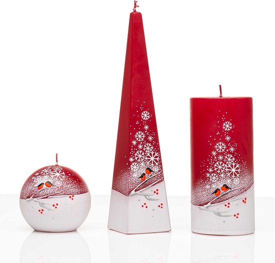 Kaarsen Set Handgeschilderd - vogels- Wit/Rood - kaars - kerst - kerstverlichting