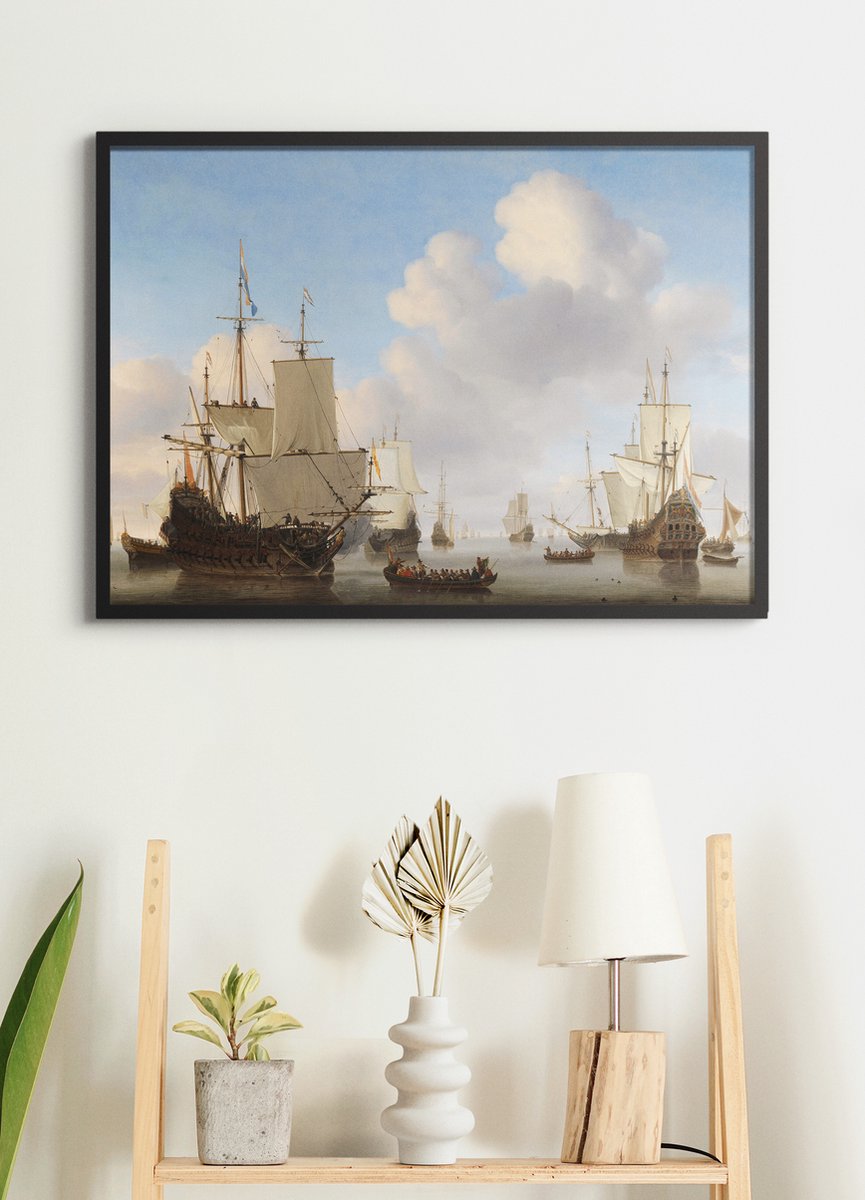 Poster In Zwarte Lijst - VOC Schepen - Hollandse Schepen op een kalme zee - Gouden Eeuw - Large 50x70 cm