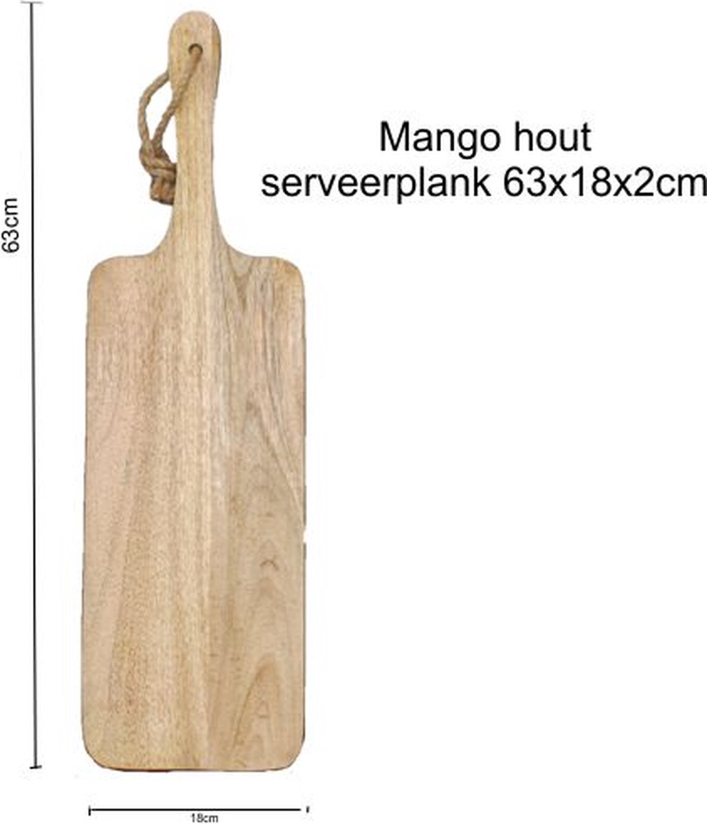 Lange serveerplank 63cm mango hout - broodplank - tapas plank - borrelplank - hout mango 63x18x2cm met touw