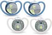 NUK - space night fopspenen set - fopspeen geeft licht in donker - 2 stuks fopspenen voor 0 tot 6 maanden 2 stuks fopspenen voor 6 tot 18 maanden - blauw en grijs - set bestaat uit 4 fopspene