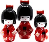 Kokeshi Doll - Japanse Houten Poppen - Rood - Set van 3 Kimmidolls - Geluksbrenger