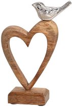 Hart - Valentijn - Mangohouten hart met zilvermetalen vogeltje