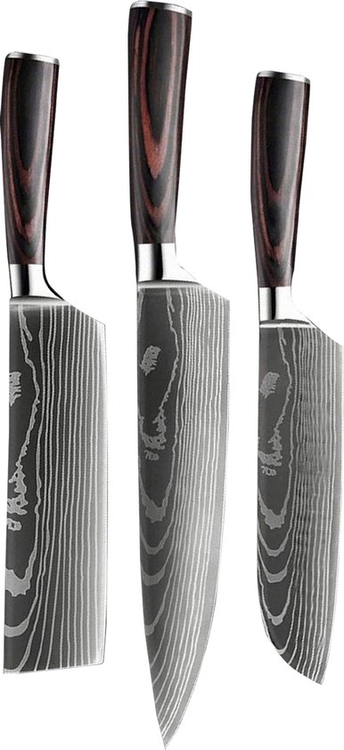 Shinrai Japan - Messenset - 3 delig - Koksmes - Japanse Mes - Messen Set - Japanse Damascus Print - Met Luxe Geschenkdoos