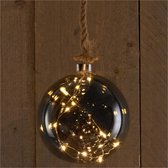 1x stuks verlichte glazen kerstballen aan touw met 10 lampjes antraciet/warm wit 15 cm