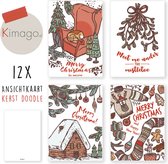 Kerstkaarten - kaartenset - ansichtkaarten - Kerst Doodle - 12 stuks - wenskaarten - kimago.nl