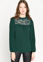 LOLALIZA Blouse met kant en hoge kraag - Donker Groen - Maat 48