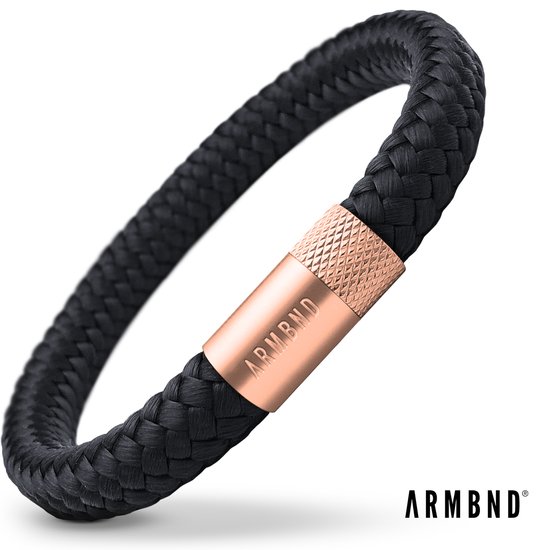 ARMBND® Heren armband - Zwart Touw met Rosé Goud Staal - Armand heren - Maat M/L - 22 cm lang - The original - Touw armband