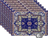 Placemat - Placemats kunststof - Perzisch Tapijt - Vloerkleed - Patronen - Blauw - 45x30 cm - 6 stuks - Hittebestendig - Anti-Slip - Onderlegger - Afneembaar