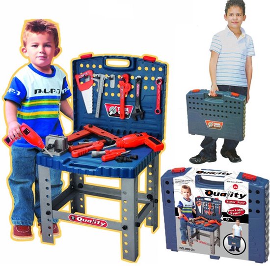 Ariko XL Werkbank voor kinderen – speelgoed – met werkende boormachine - in handige meeneem koffer - met accessoires - 67 delig - 70cm hoog - Inclusief 2 x Philips AA batterijen