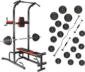 Fitness trainer - Pull up Toren - Dip Station – Push Up Bar - Dip Rack Halterbank  inc. 50 kg GEWICHTEN + Sportbank Fitnessbank + halterschijven + 3 halterstangen - multifunctionee