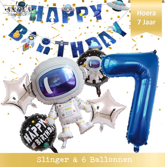 Super Ballon Set van 7 inclusief Slinger Nummer 7 - 7 Jaar - Ruimte - Space - Raket - Astronaut - Slinger - Ballonnen - Galaxy - Happy Birthday Slinger + Balonnen en cijfer 7 Ruimtevaart - Space - Planeten - Versiering - Galaxy thema * Snoes