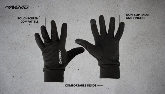 Zwarte sporthandschoenen van Avento. Links: compatibel met touchscreen. Rechts: antislip palm en vingers. Comfortabele binnenkant.