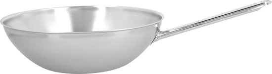 Zilverkleurige RVS wokpan met steel.