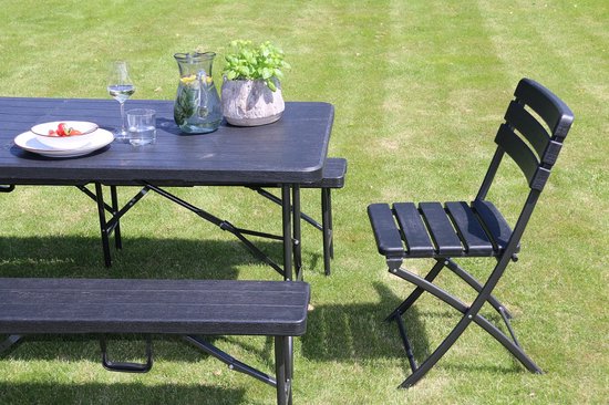 Vouwtafel met Banken - Campingtafel Set - picknicktafel - Zwart Houtlook van Merkloos — afbeelding 4
