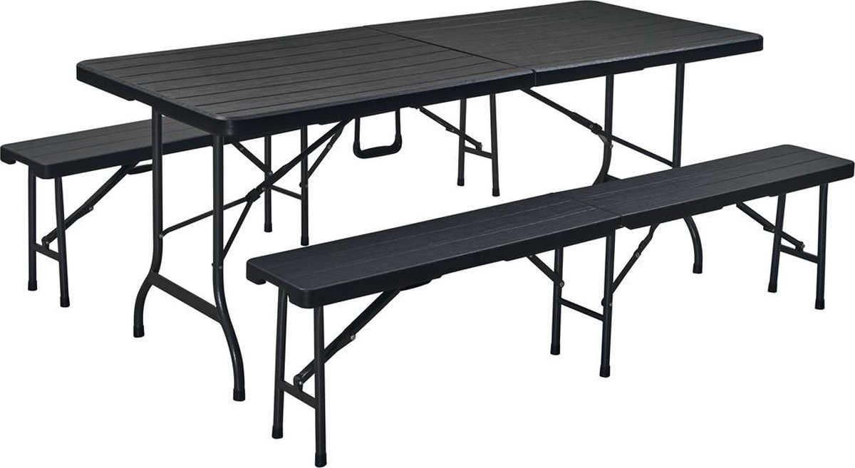 ERRO Inklapbare Tuinset met Tafel en 2 Banken - Ruimtebesparend & Opvouwbaar - Voor Tuin, Terras, Camping en BBQ - Luxe Zwart Houtdesign